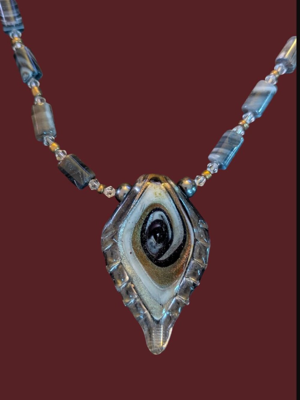 Handmade Glass Pendant 2.5" Swirl Pattern Faux Pearl Glass And Crystal Bead 24"